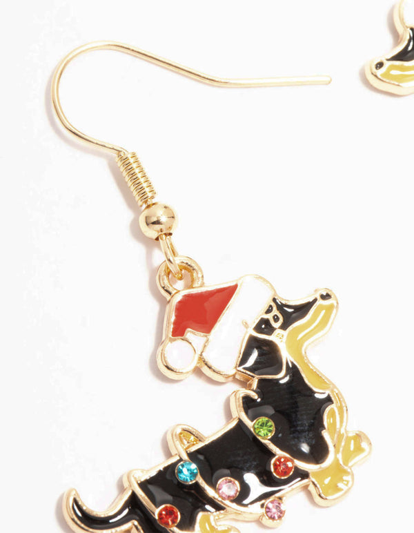 Gold Festive Dachshund Dog With A Santa Hat Earrings