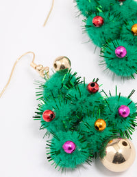 Gold Green Pom Pom Festive Tree Drop Earrings - link has visual effect only