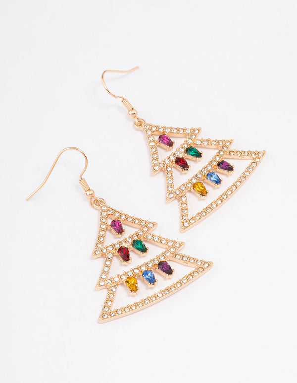 Gold Festve Tree & Lights Drop Earrings