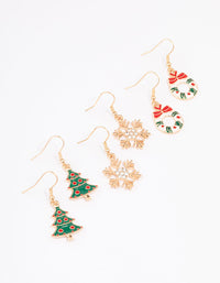 Gold Festive Tree & Wreath Earrings 3-Pack - link has visual effect only