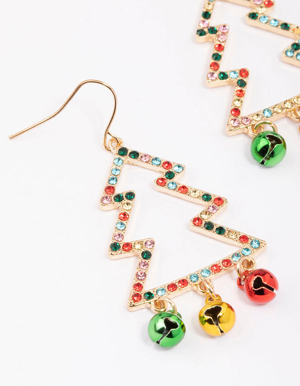 Gold Bell & Festive Tree Outline Earrings
