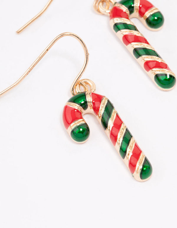 Gold Green & Red Enamel Candy Cane Earrings