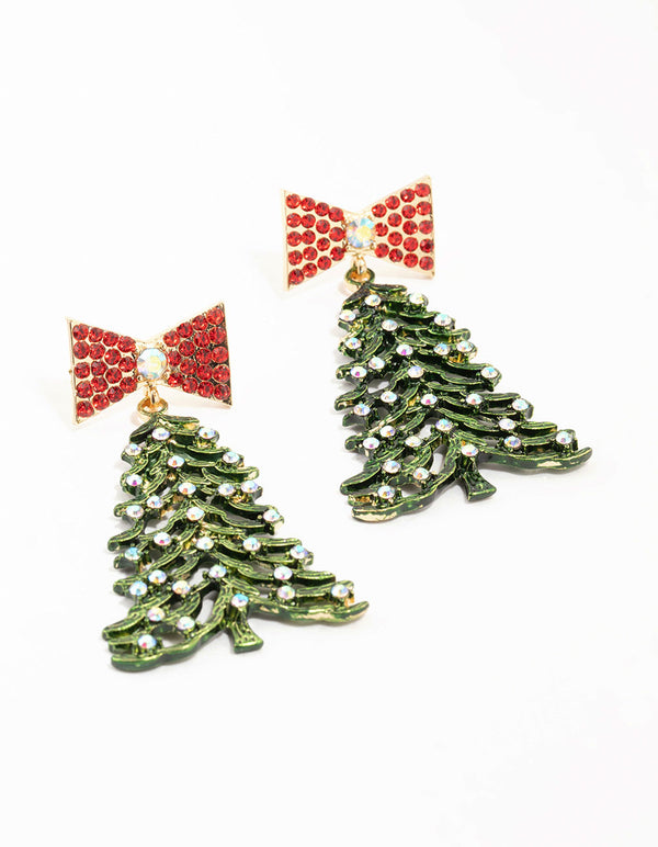 Gold Bow Green Festive Tree Drop Earrings