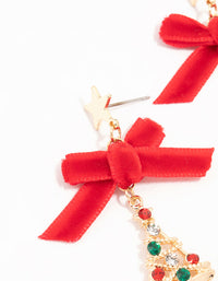 Gold Red Velvet Bow & Diamante Bauble Festive Tree Earrings - link has visual effect only