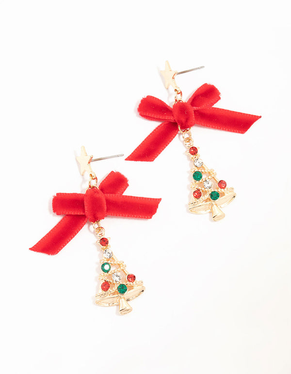 Gold Red Velvet Bow & Diamante Bauble Festive Tree Earrings