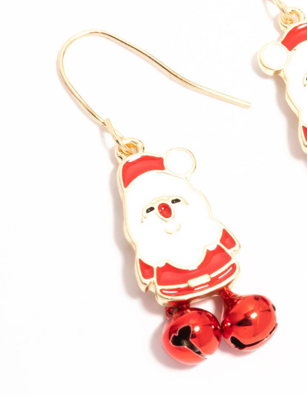 Gold Santa & Red Bells Drop Earrings