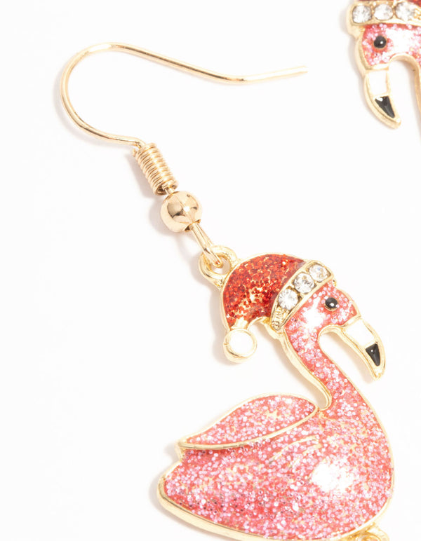 Gold Pink Glittery Enamel Flamingo With Santa Hat Earrings