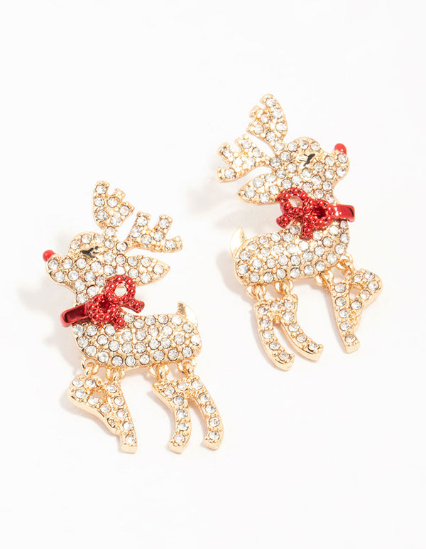 Gold Diamante Reindeer With Red Bow Earrings