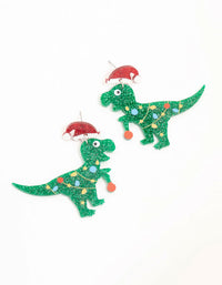 Green Acrylic Dinosaur With Santa Hat Drop Earrings - link has visual effect only