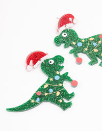 Green Acrylic Dinosaur With Santa Hat Drop Earrings - link has visual effect only