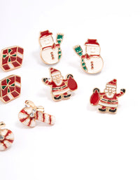Gold Enamel Candy Cane & Green Red Reindeer Stud 5-Pack - link has visual effect only