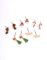 Gold Ho Ho & Festive Tree Stud Earrings 5-Pack - link has visual effect only