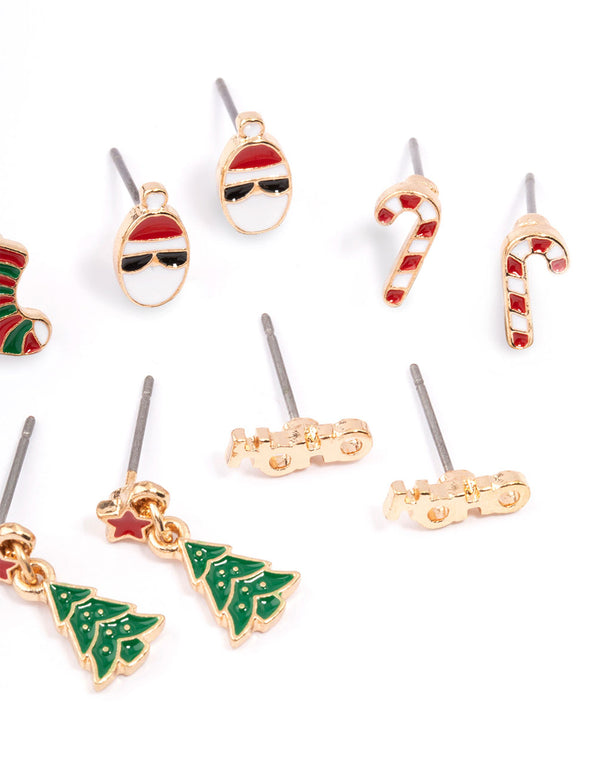 Gold Ho Ho & Festive Tree Stud Earrings 5-Pack