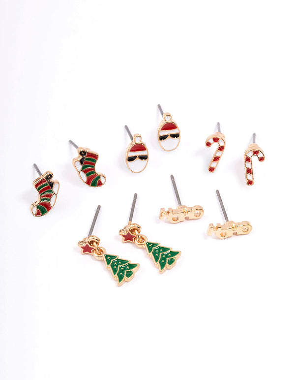 Gold Ho Ho & Festive Tree Stud Earrings 5-Pack
