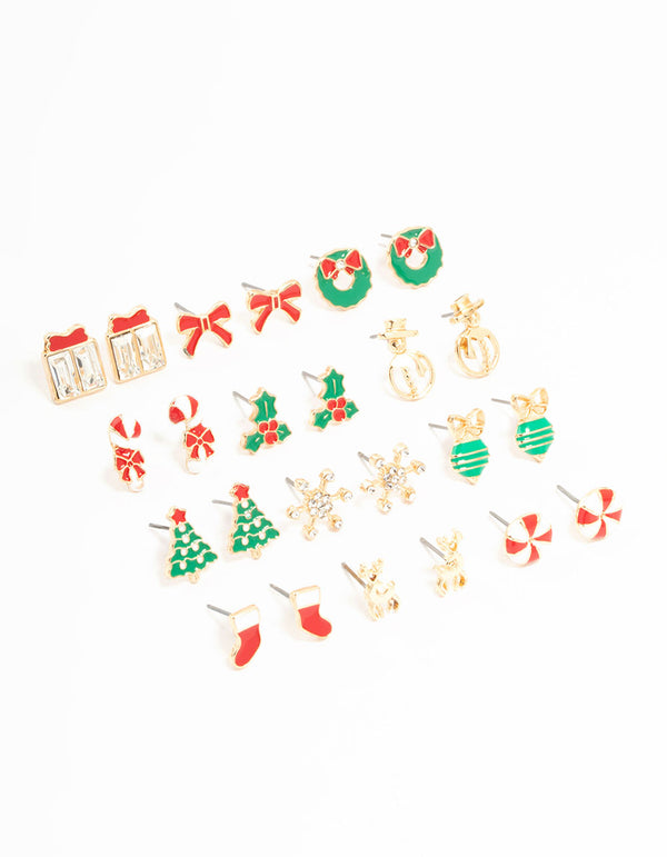 Gold Candy Cane & Bow Earrings 12-Pack