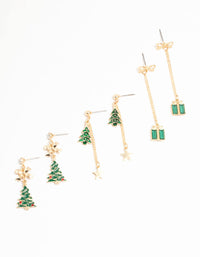 Gold Green Festive Tree & Green Diamante Present Drop Earrings 3-Pack - link has visual effect only