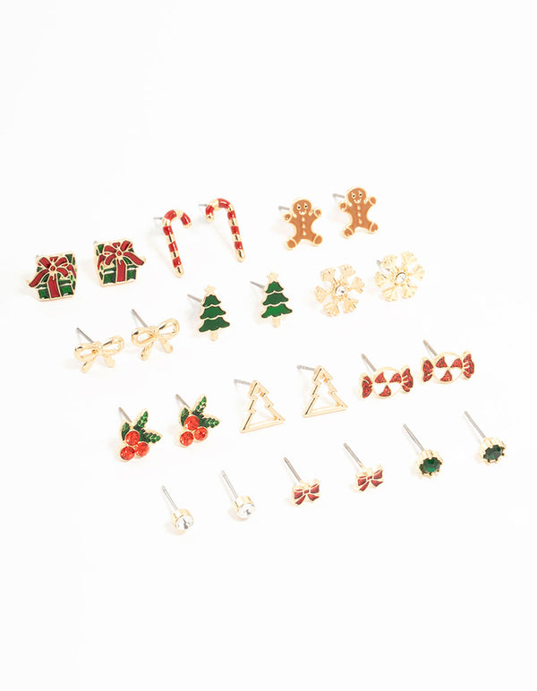 Gold Holly & Candy Cane Stud Earrings 12-Pack