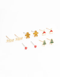 Gold Red Santa Hat & Gingerbread Men Stud Earrings 5-Pack - link has visual effect only
