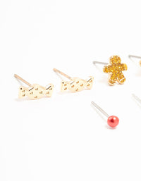 Gold Red Santa Hat & Gingerbread Men Stud Earrings 5-Pack - link has visual effect only