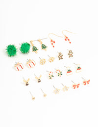 Gold Green Pom Pom & Candy Cane Stud Earrings 12-Pack - link has visual effect only