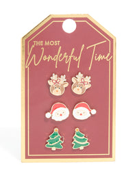 Santa Reindeer & Festive Tree Clip On Earrings 3-Pack - link has visual effect only