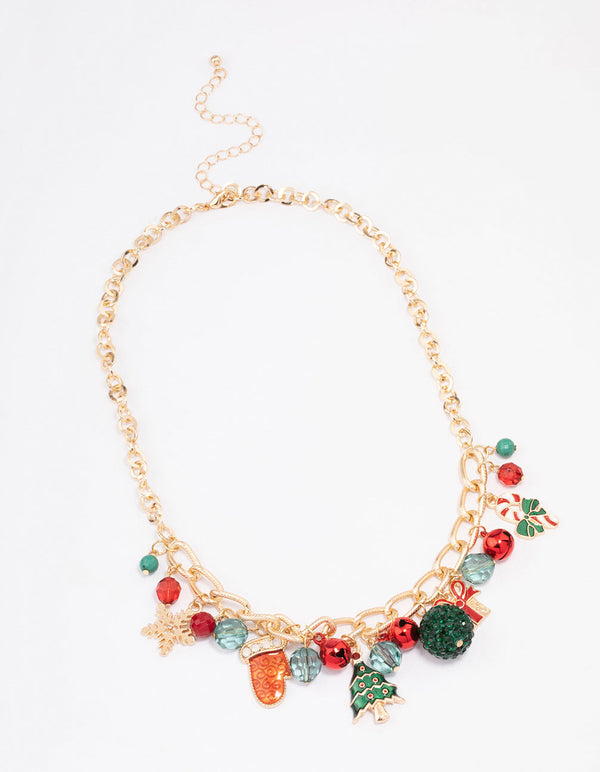 Gold Red Bell & Candy Cane Charm Chain Necklace