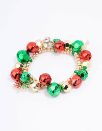 Gold Green & Red Jingle Bells Chunky Charm Stretch Bracelet - link has visual effect only