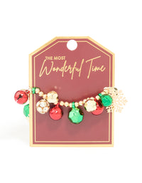Gold Green & Red Jingle Bells Chunky Charm Stretch Bracelet - link has visual effect only
