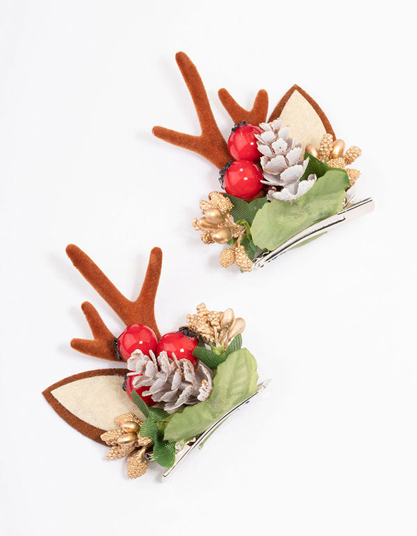 Fabric Reindeer Wreath Hair Clips 2-Pack