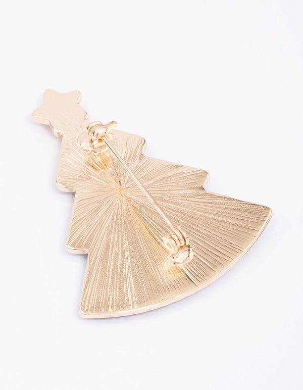 Gold Green Enamel Xmas Tree With Baubles Brooch