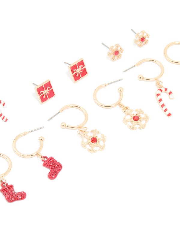Gold Red Diamante Snowflake & Present Earrings 6-Pack