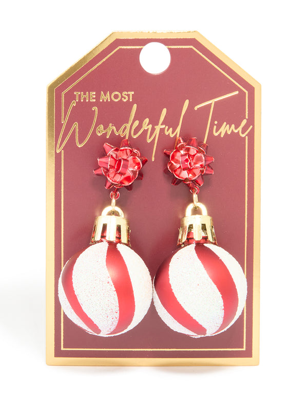 Gold Red Ribbon Bauble Drop Earrings