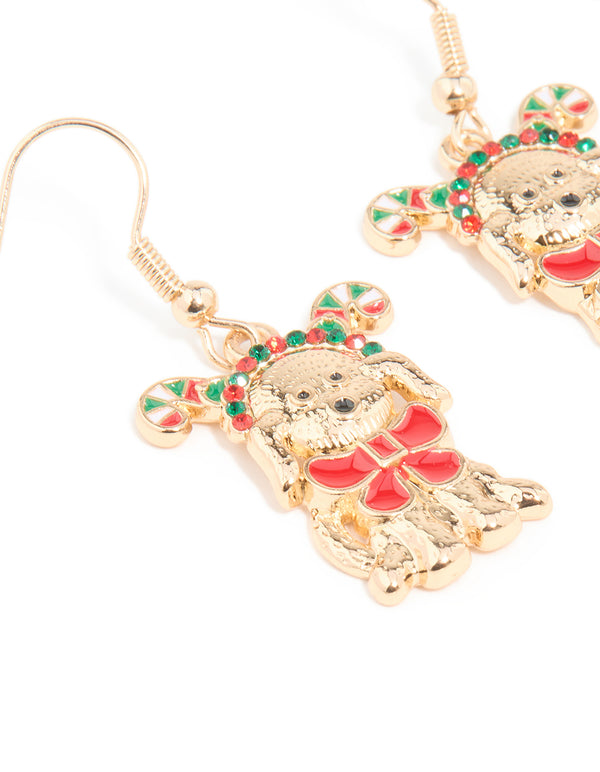 Gold Cute Festive Dog Bow Collar Drop Earrings