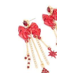 Gold Diamante Cup Chain Red Bow Drop Earrings - link has visual effect only
