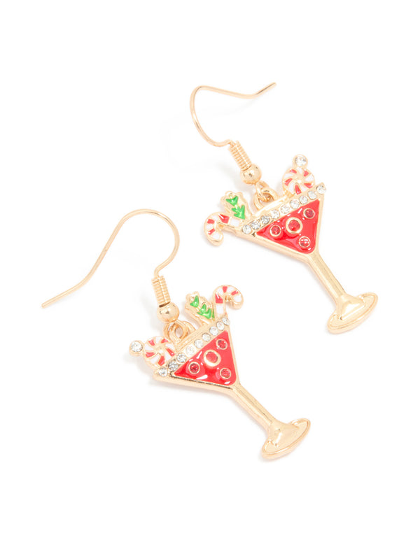Gold Diamante Candy Cane Cocktail Drink Drop Earrings