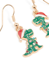 Gold Santa Hat Dinosaur With Diamante Lights Drop Earrings - link has visual effect only