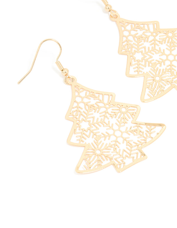 Gold Filigree Festive Tree Drop Earrings
