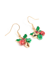 Gold Holly Plant & Red Bell Drop Earrings - link has visual effect only