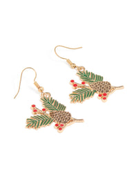 Gold Pine & Holly Plant Drop Earrings - link has visual effect only