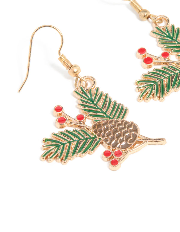 Gold Pine & Holly Plant Drop Earrings