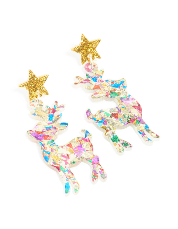 Acrylic Glitter Star Reindeer Drop Earrings