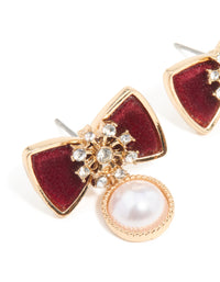 Gold Red Velvet Pearl & Snowflake Stud Earrings - link has visual effect only