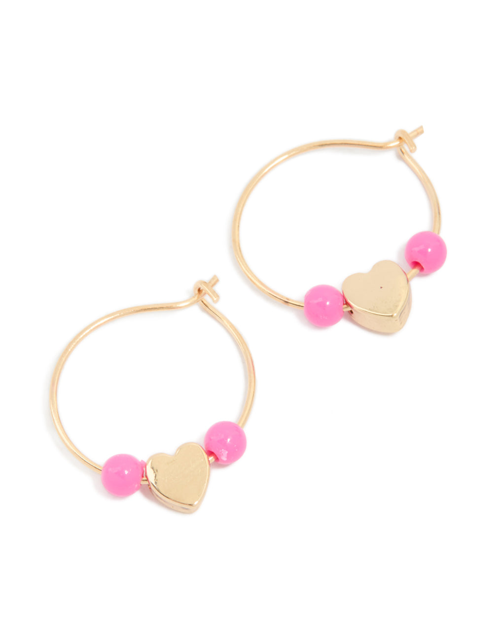 Gold Pink Beaded & Heart Hoop Earrings