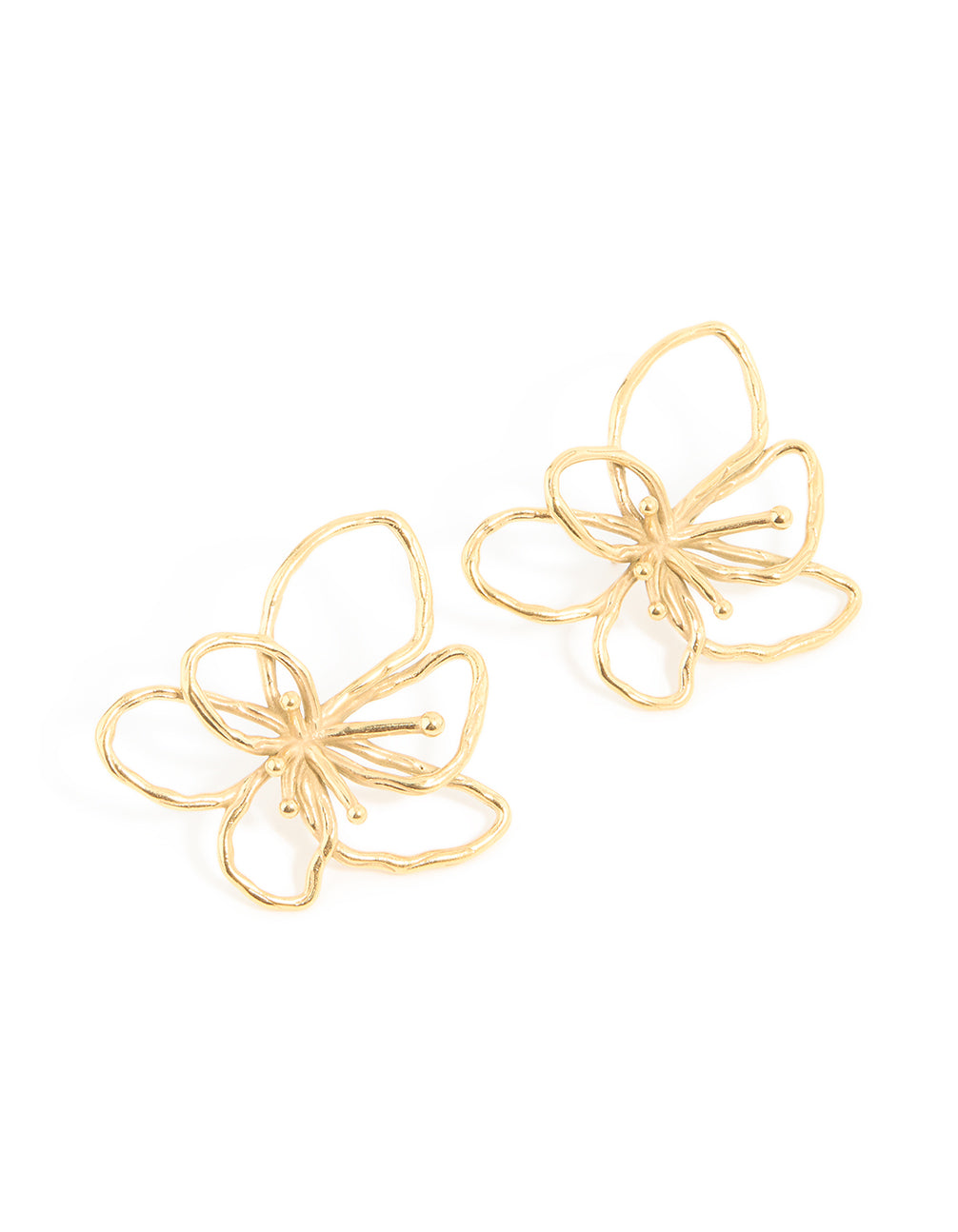 Waterproof gold plated stainless steel flower outline stud earrings front view