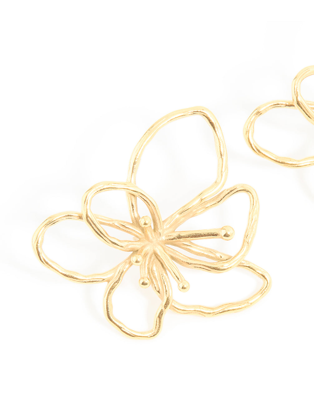 Featuring waterproof gold plated stainless steel flower outline stud earrings close up view