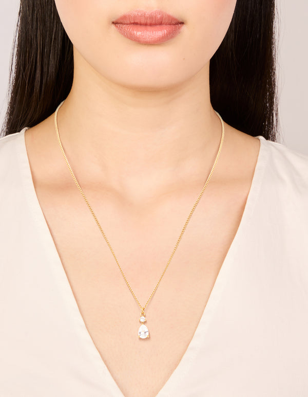 Waterproof Gold Plated Stainless Steel Cubic Zirconia Pear Pendant Necklace