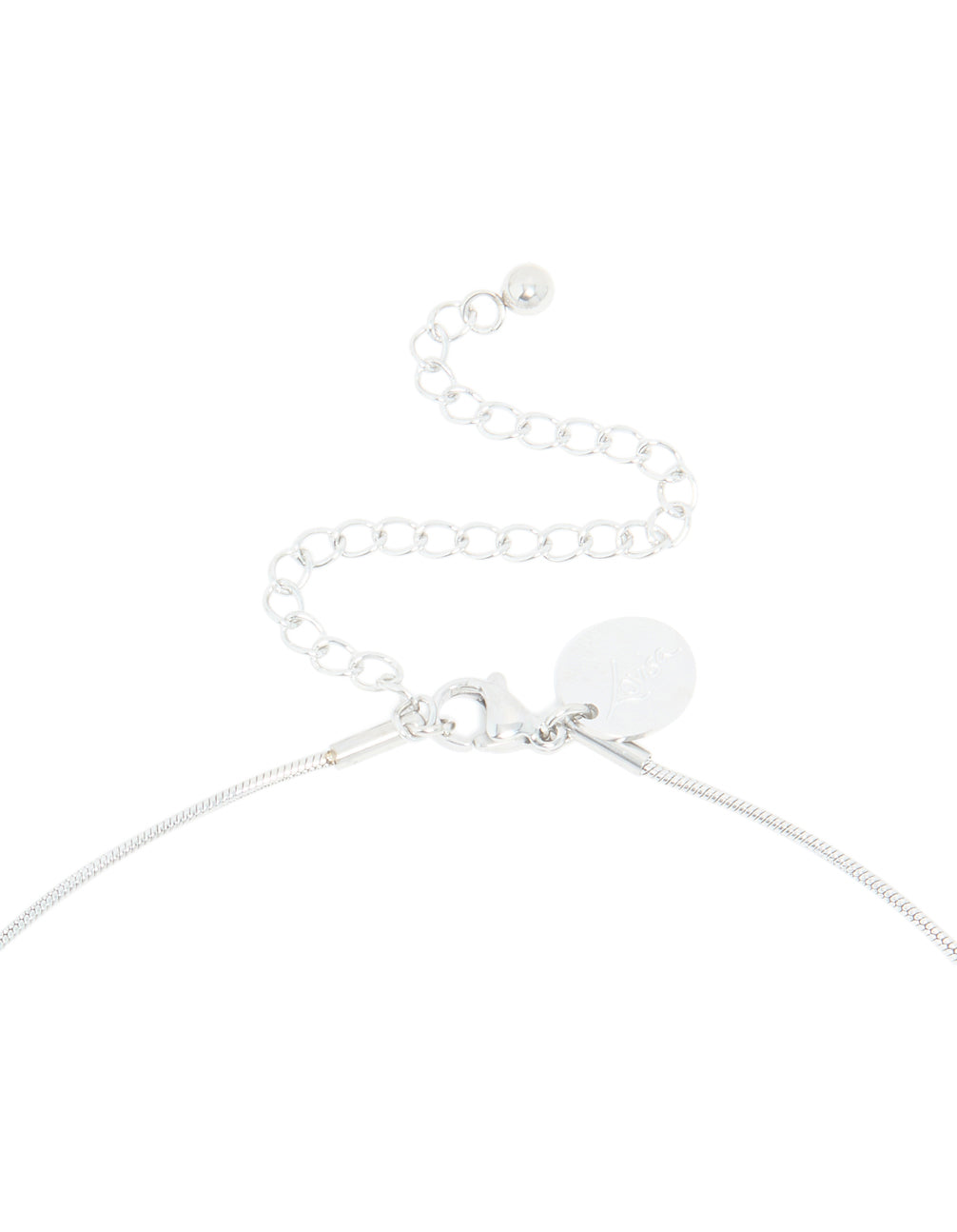 Highlighting the clasp detail of a waterproof stainless steel pull through lariat necklace in silver featuring dainty styling clasp detail view