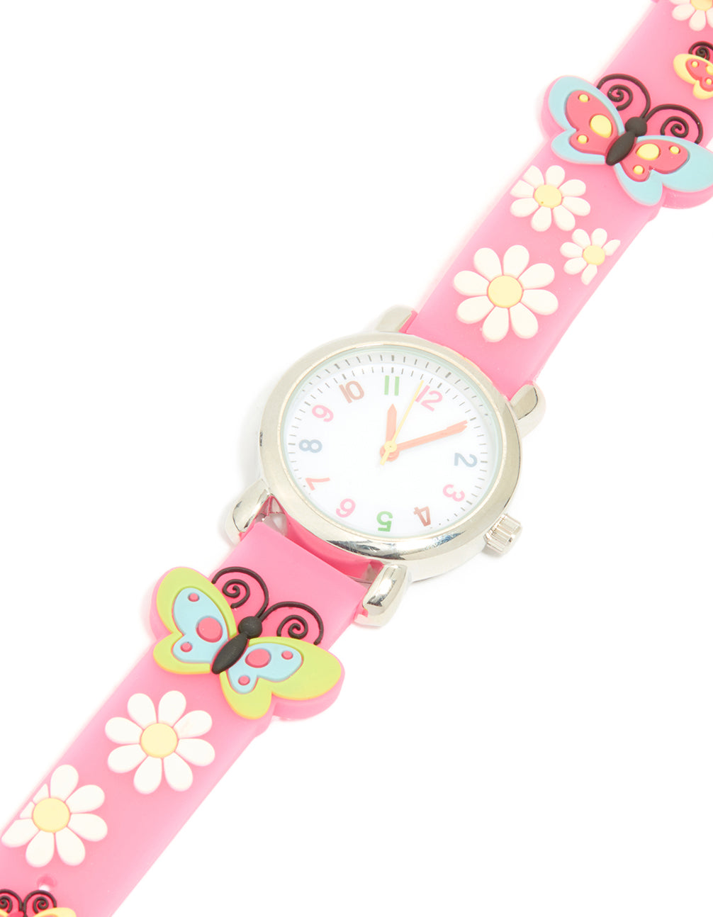 Discover a kids pink butterfly and daisy watch featuring charming floral details with a white dial, number look, round shape, ideal for casual wear, silicone strap in vibrant pink, analog type watch face detail view