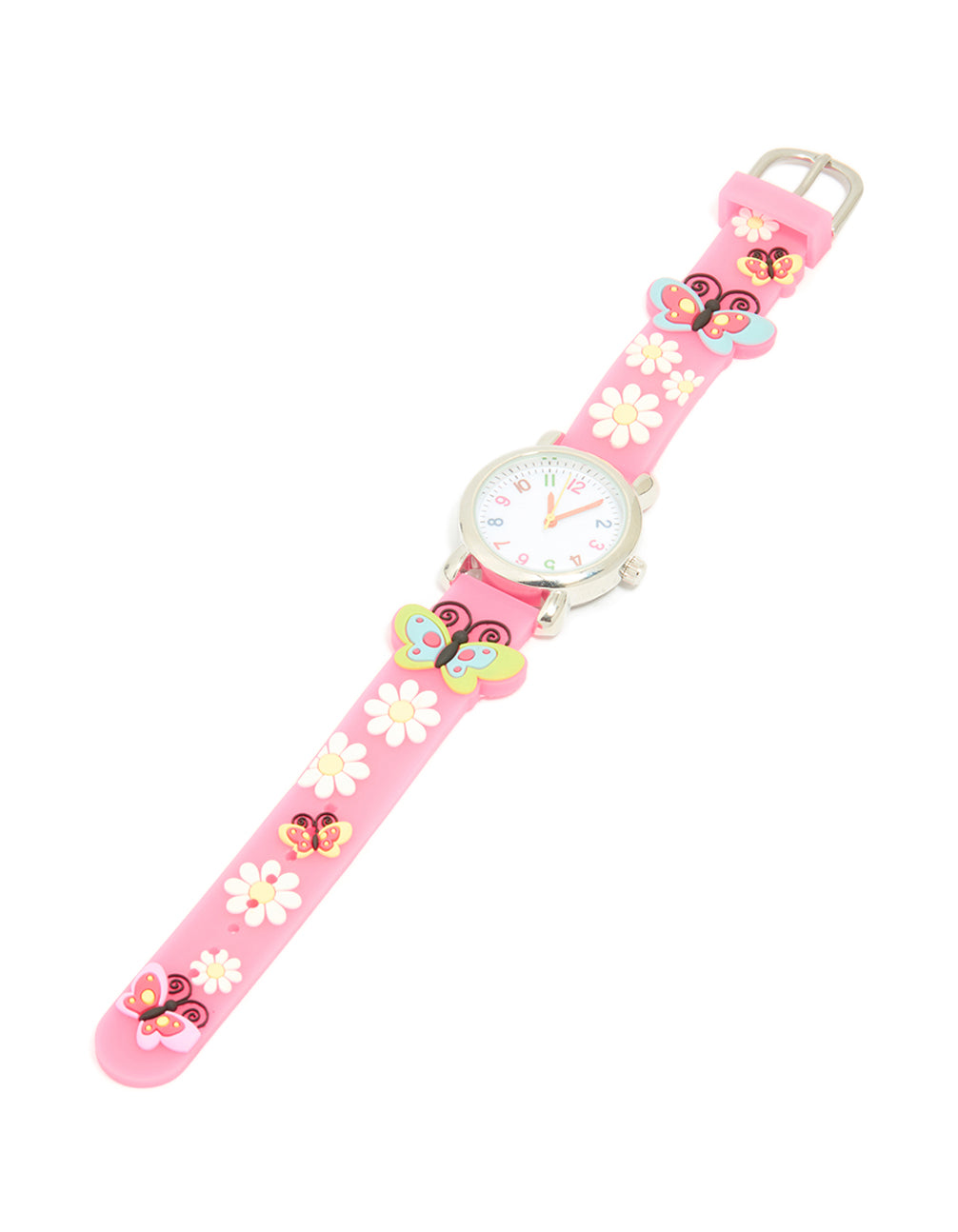 Charming kids pink butterfly and daisy watch featuring charming floral details with a white dial, number look, round shape, ideal for casual wear, silicone strap in vibrant pink, analog type front view