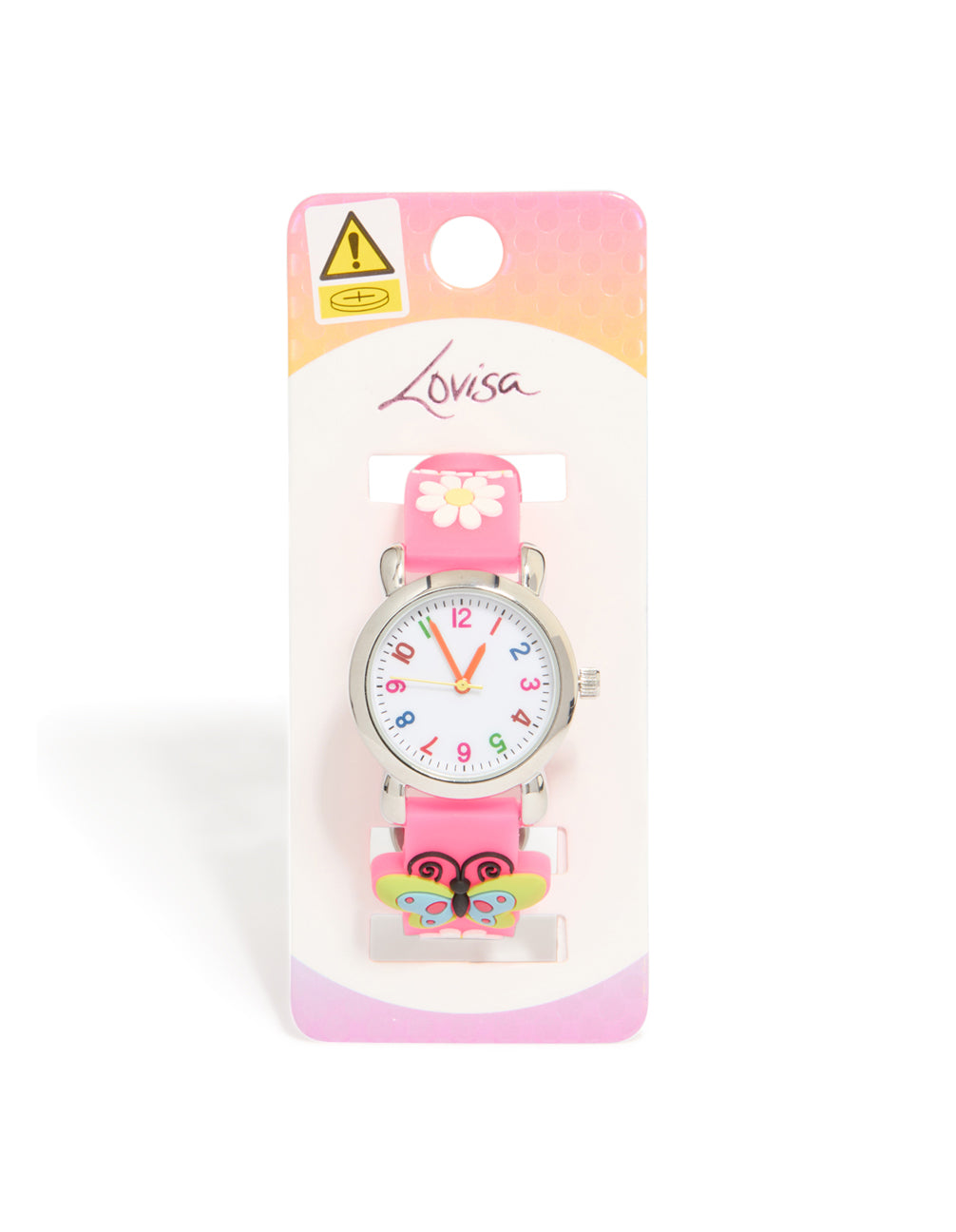 Explore a kids pink butterfly and daisy watch featuring charming floral details with a white dial, number look, round shape, ideal for casual wear, silicone strap in vibrant pink, analog type, shown in packaging case detail view